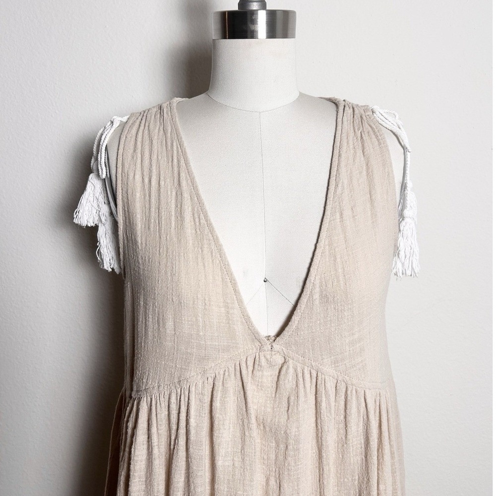 SAGE THE LABEL Beige Cotton Tassel Sleeveless Mini Dress V-Neck XS Boho Resort‎